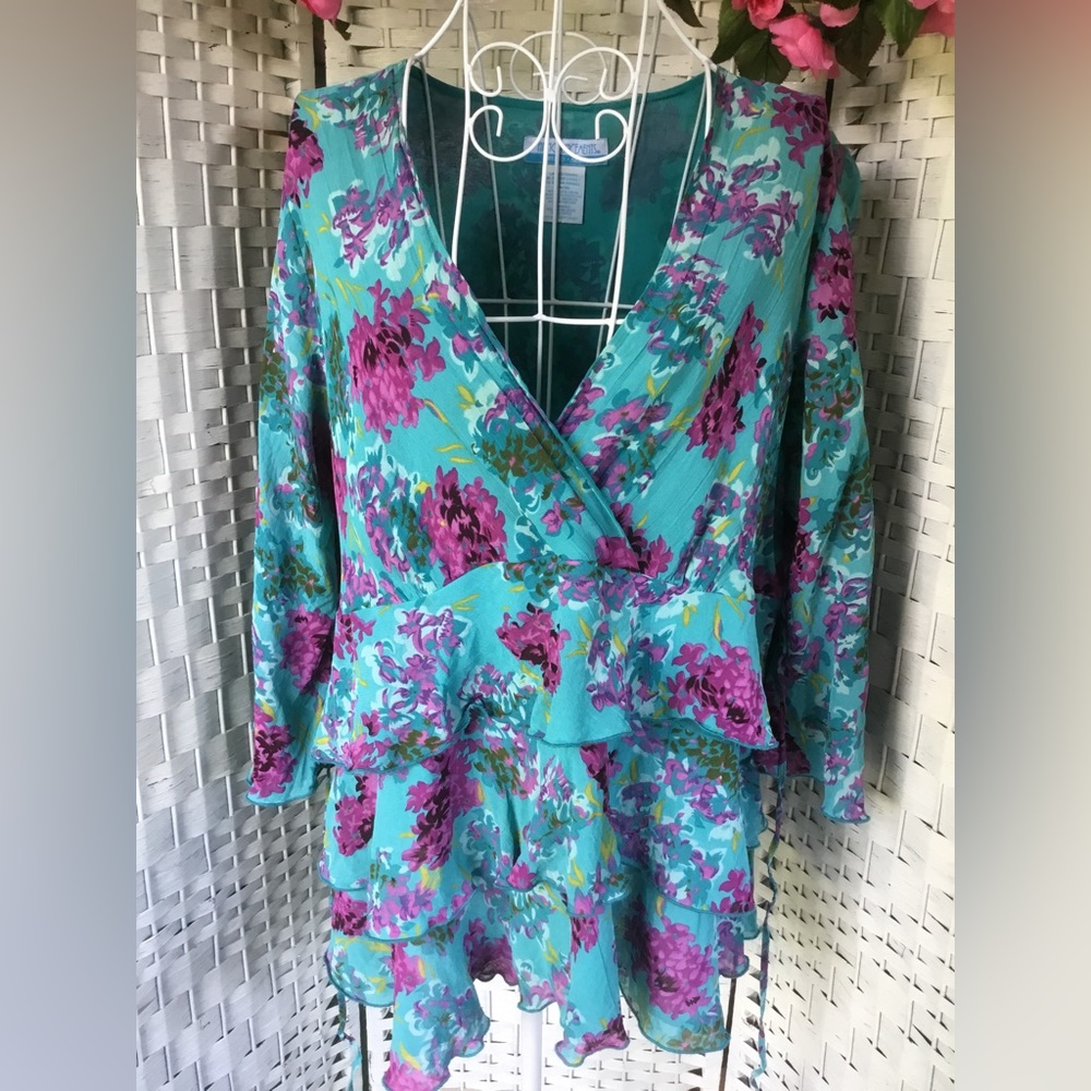 Announcements Blue and Purple Floral Ruffled Tiered Maternity Top Ruffle… - Picture 8 of 14